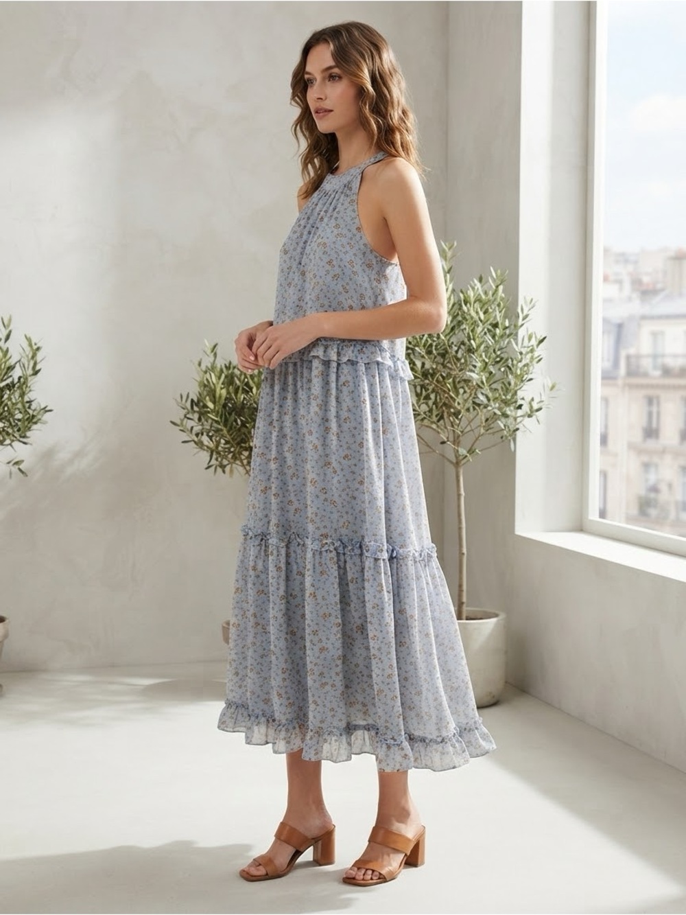 Calista Floral Halter Midi Dress Blue Ruffle Tiered Cottagecore Sundress Boho M